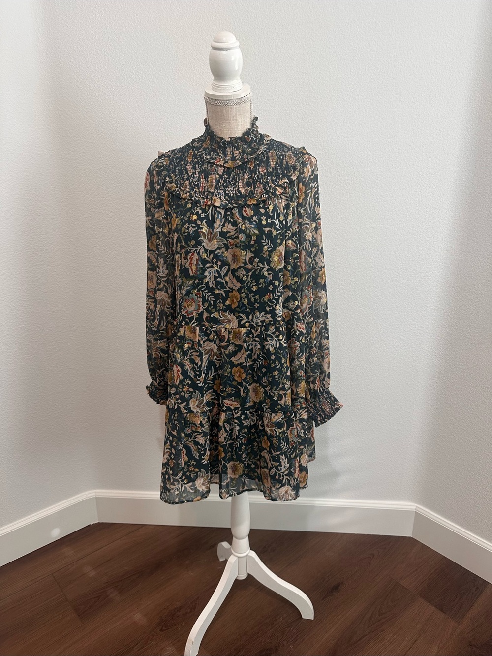 Floral Smocked Neck Long Sleeve Dress - Dark Green